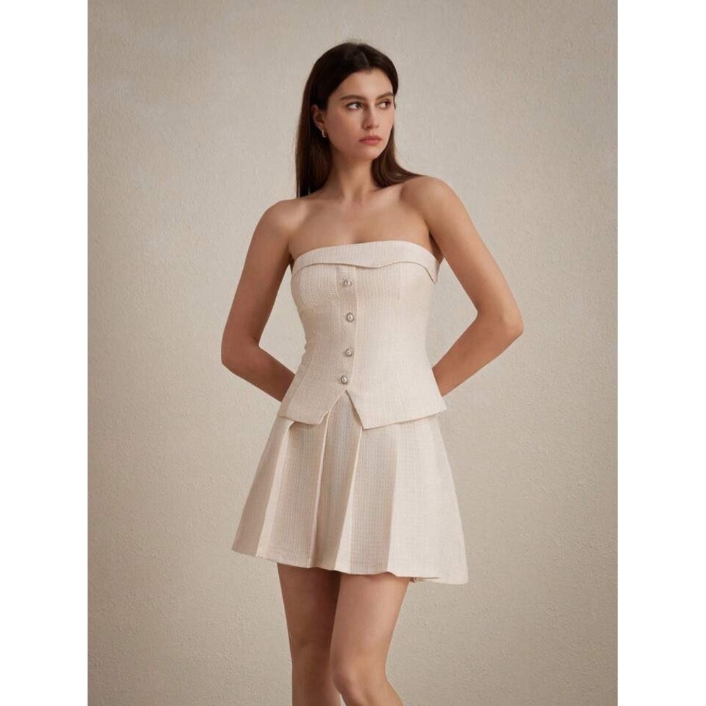 Commense Tweed Two-Piece Set‎ Strapless Top Pleated Mini Skirt Party Cocktail S